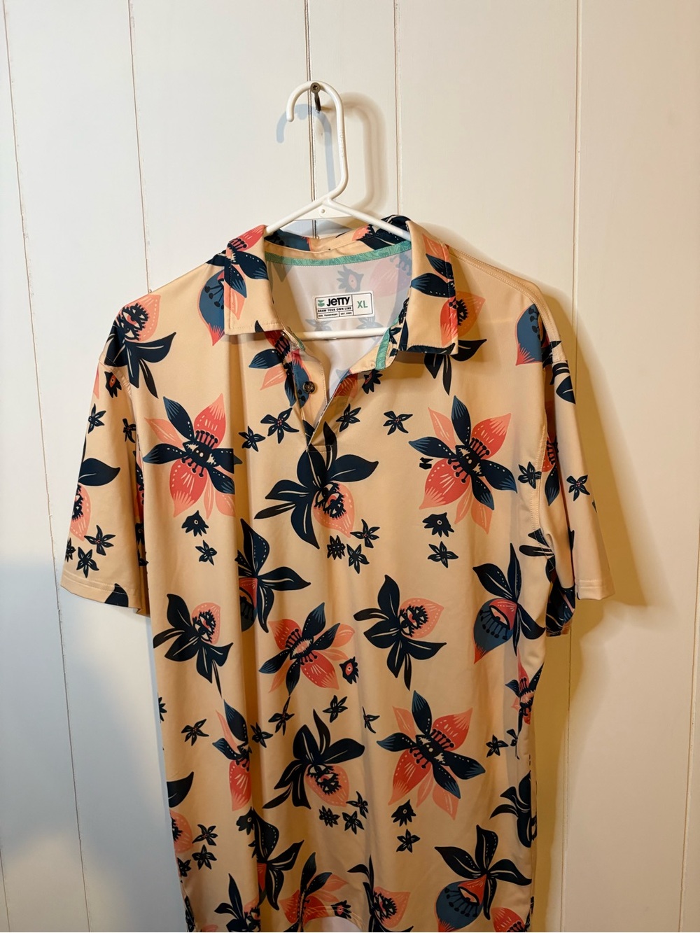 Jetty XL Men’s Beige Floral Polo with Navy & Coral Accents